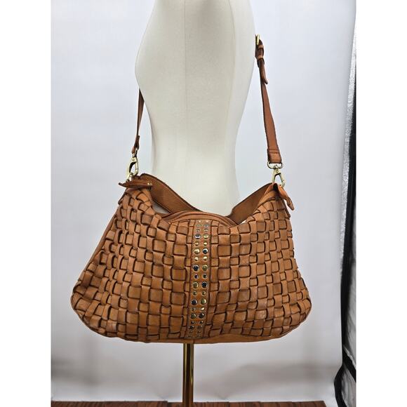 Marta Ponti Quiet Luxury Imported Genuine Leather Woven Hobo Studded Detail